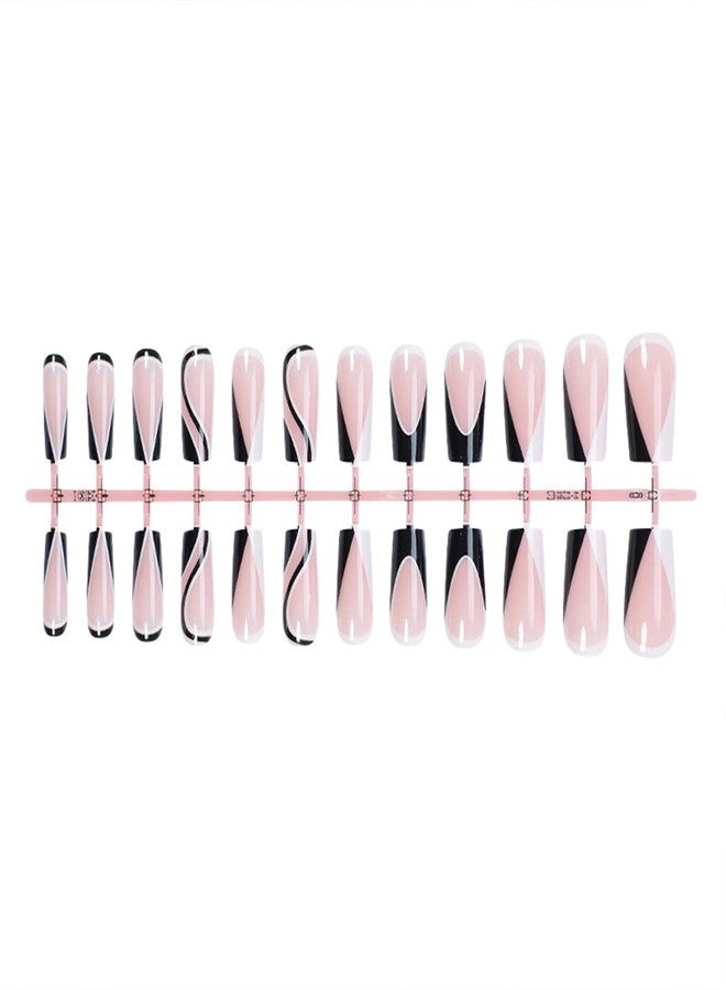 SINHOT Square Press on Nails Medium Fake Nails Glossy Glue on Nails Black White Swirl Acrylic Nails Squoval Artificial Nails French Tip Stick on False Nails with Design 24pcs - Image 3